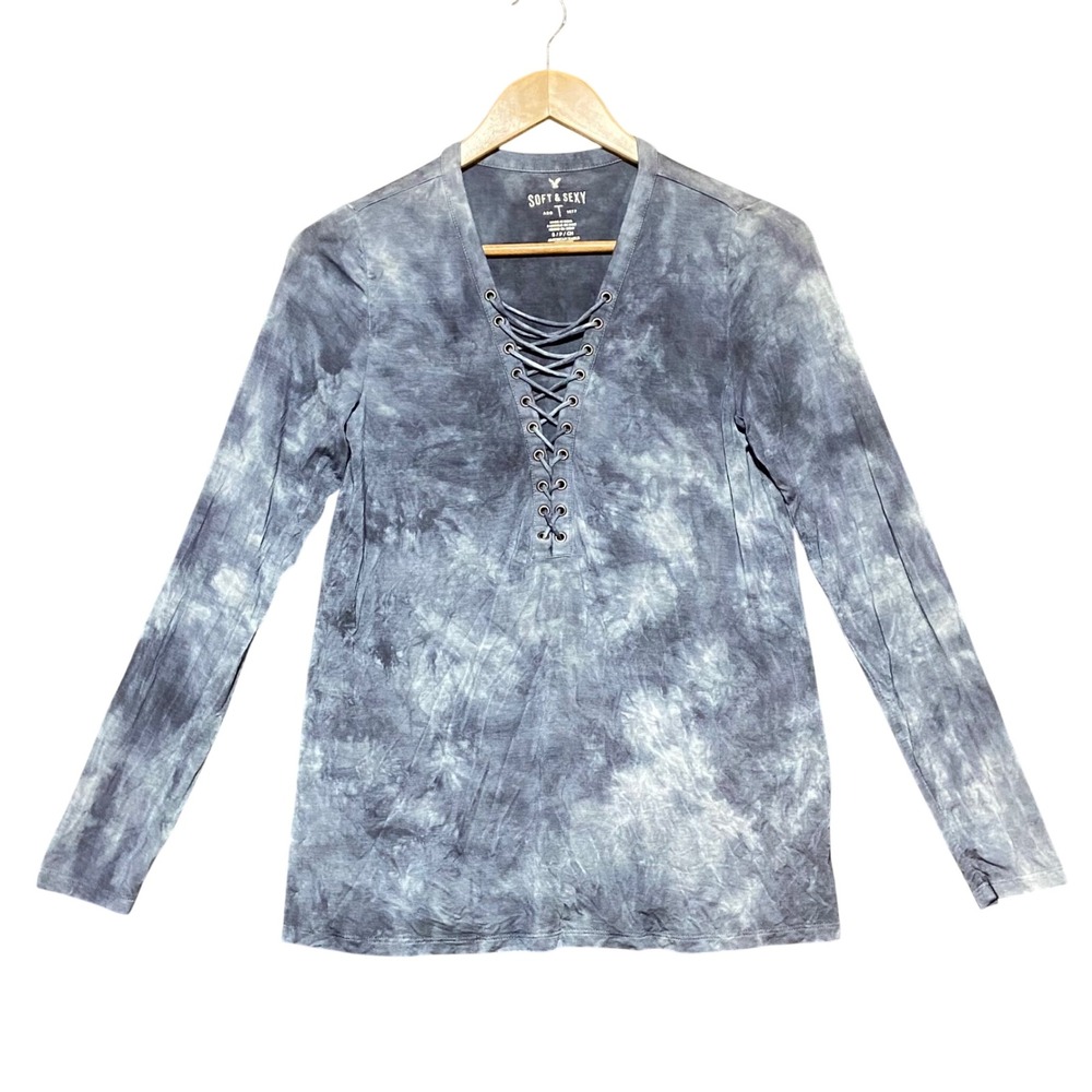 American Eagle Soft & Sexy Tie Dye Lace Up Long Sleeve Top Blue Small Boho Comfy